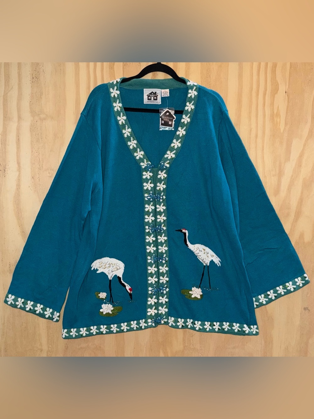 Rare Storybook Knits Sweater Cardigan 3X Stork Lilypad Blue HSN Women’s NWT